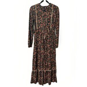 Pink Lady Tiered Maxi Dress Womens M Flannel Floral Lace Cottagecore Prairie